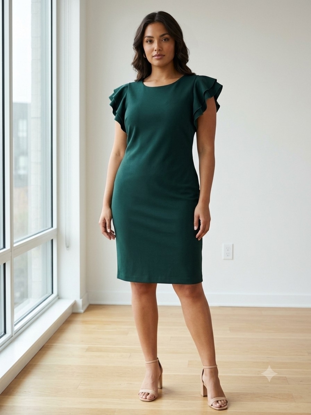 Ruffle Sleeve Sheath Dress in Deep Green